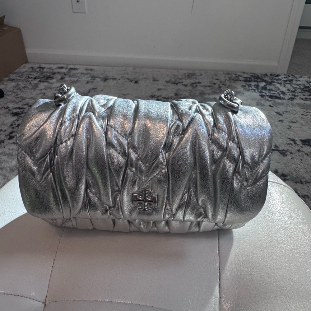 Tory Burch Metallic Silver Quilted Ruched Shoulder Bag